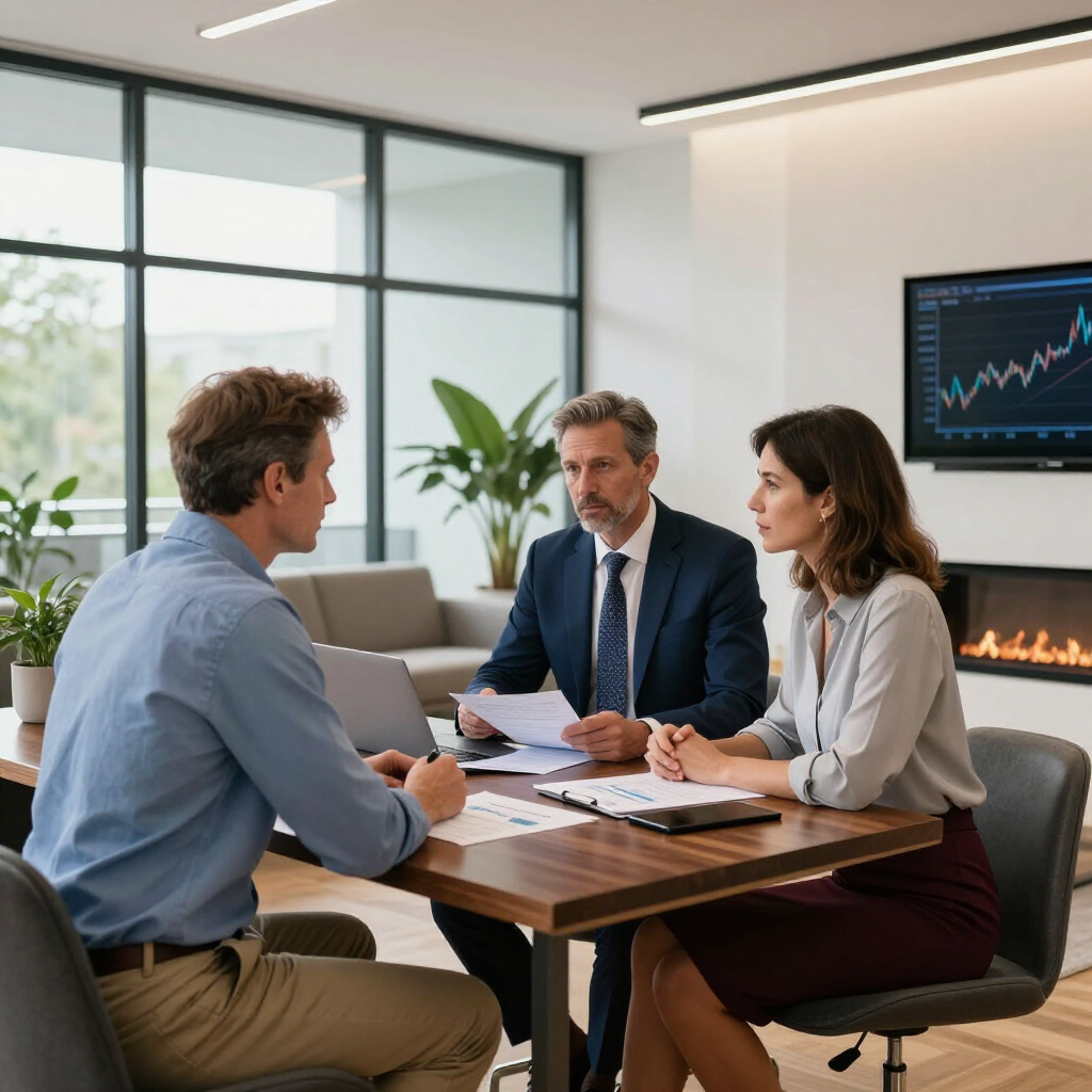Three people seated at a table, reviewing documents, in an office setting.