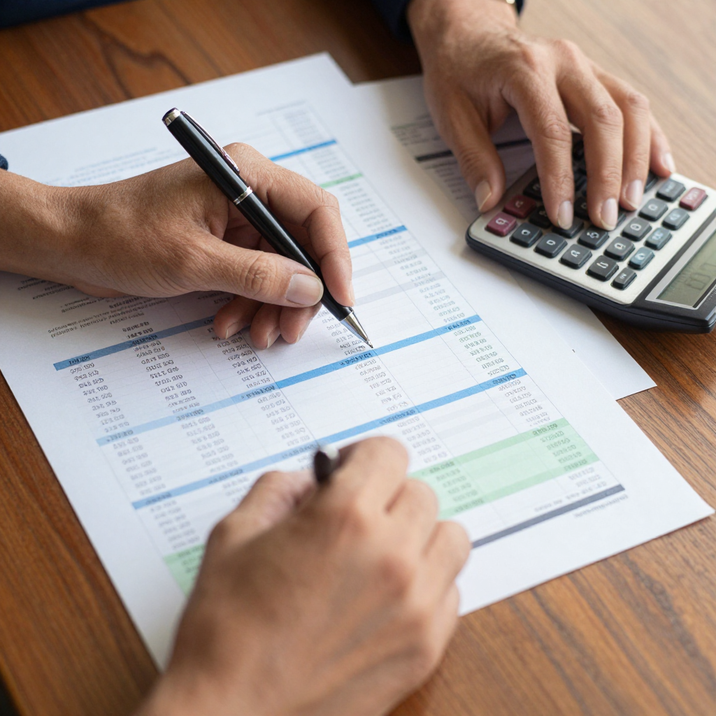 Hands using a pen and calculator to work on financial documents.
