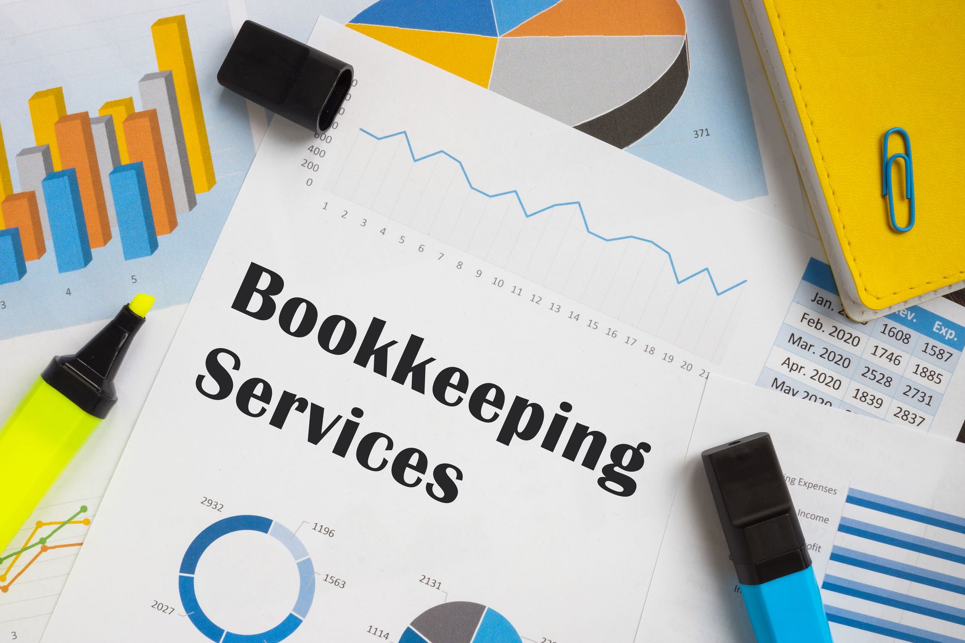 Bookkeeping Services text on a desk with charts, calculator, and office supplies
