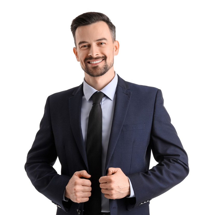 Smiling man in a navy suit adjusting his jacket against a white background