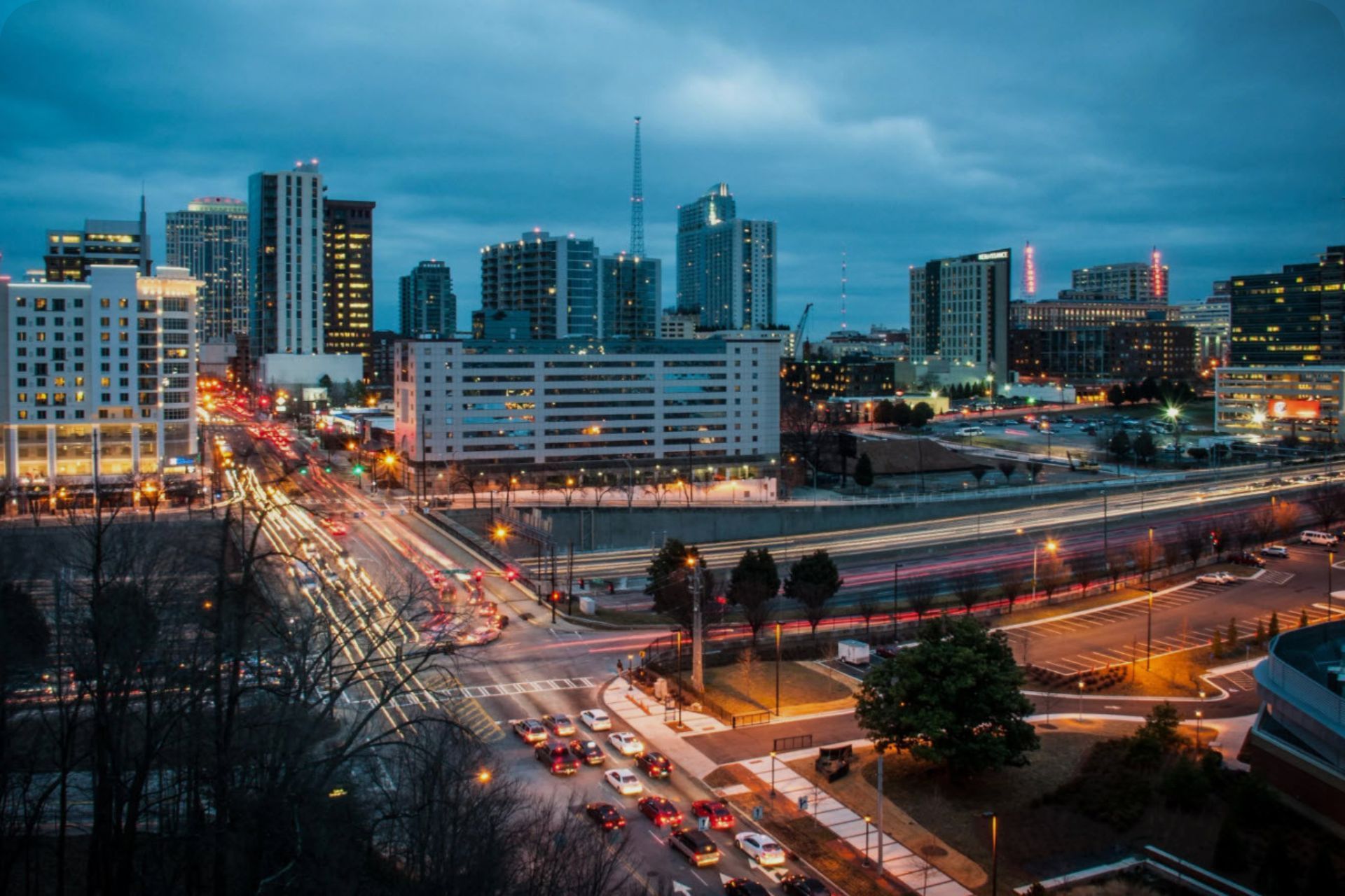 An aerial view of a Atlanta Ga. traffic at night with a lot of traffic. EVENTS>LIMO