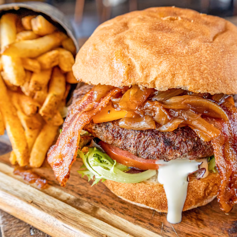 smoked pig sandwich and fries