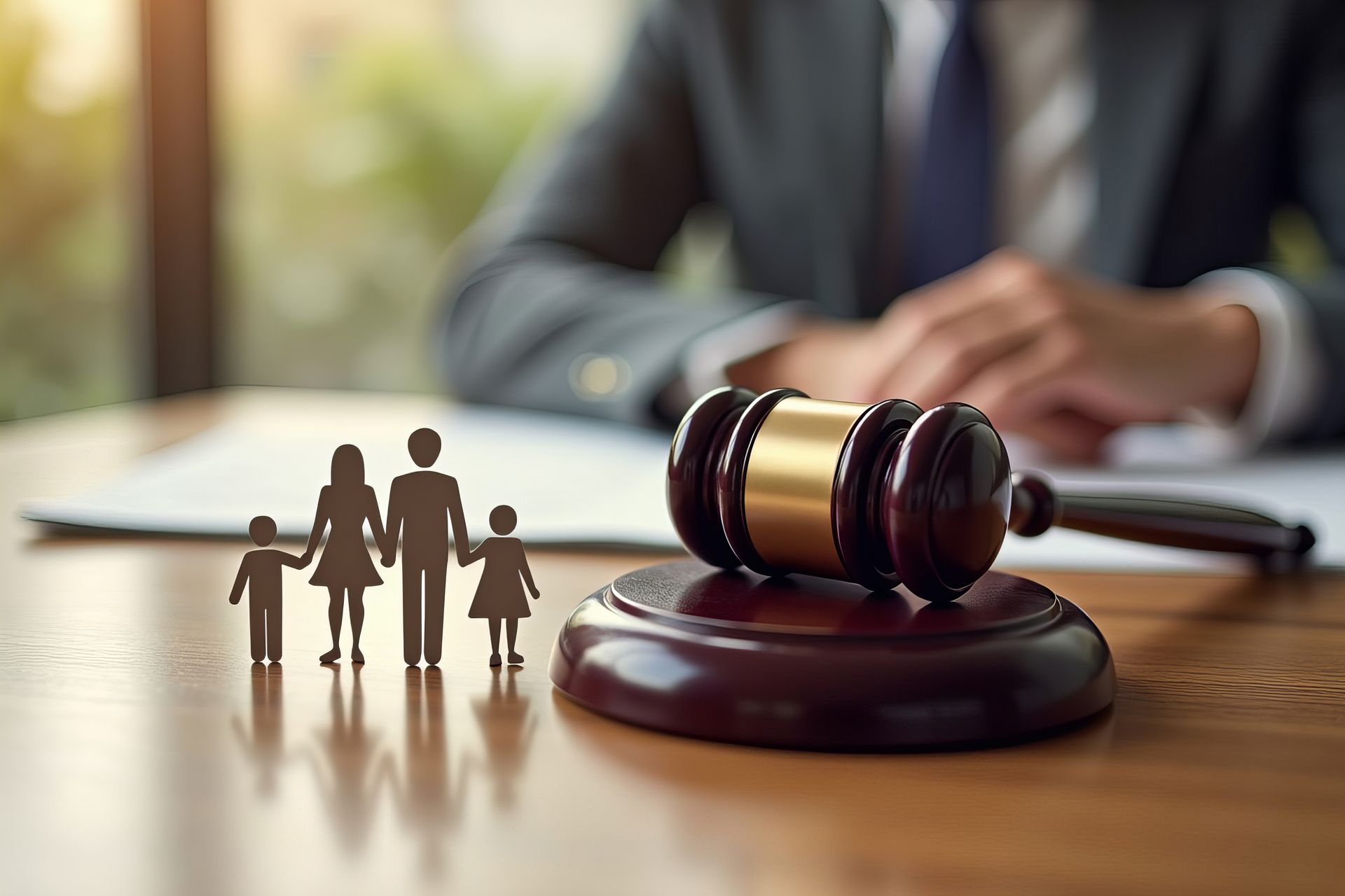 Gavel on desk with family silhouette figures and a person working in the background.