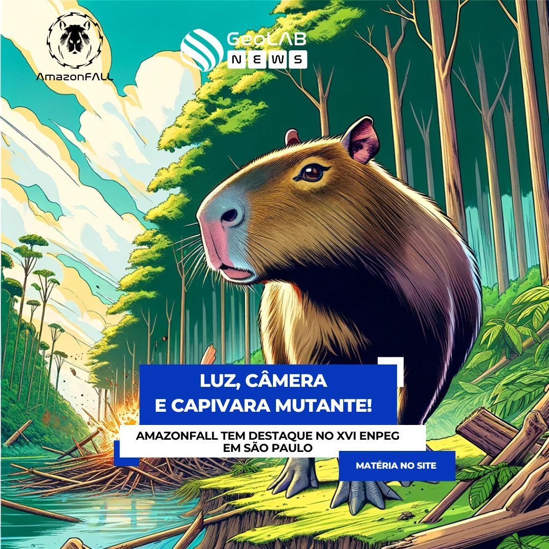 A picture of a capybara with the words luz camera e capivara mutante