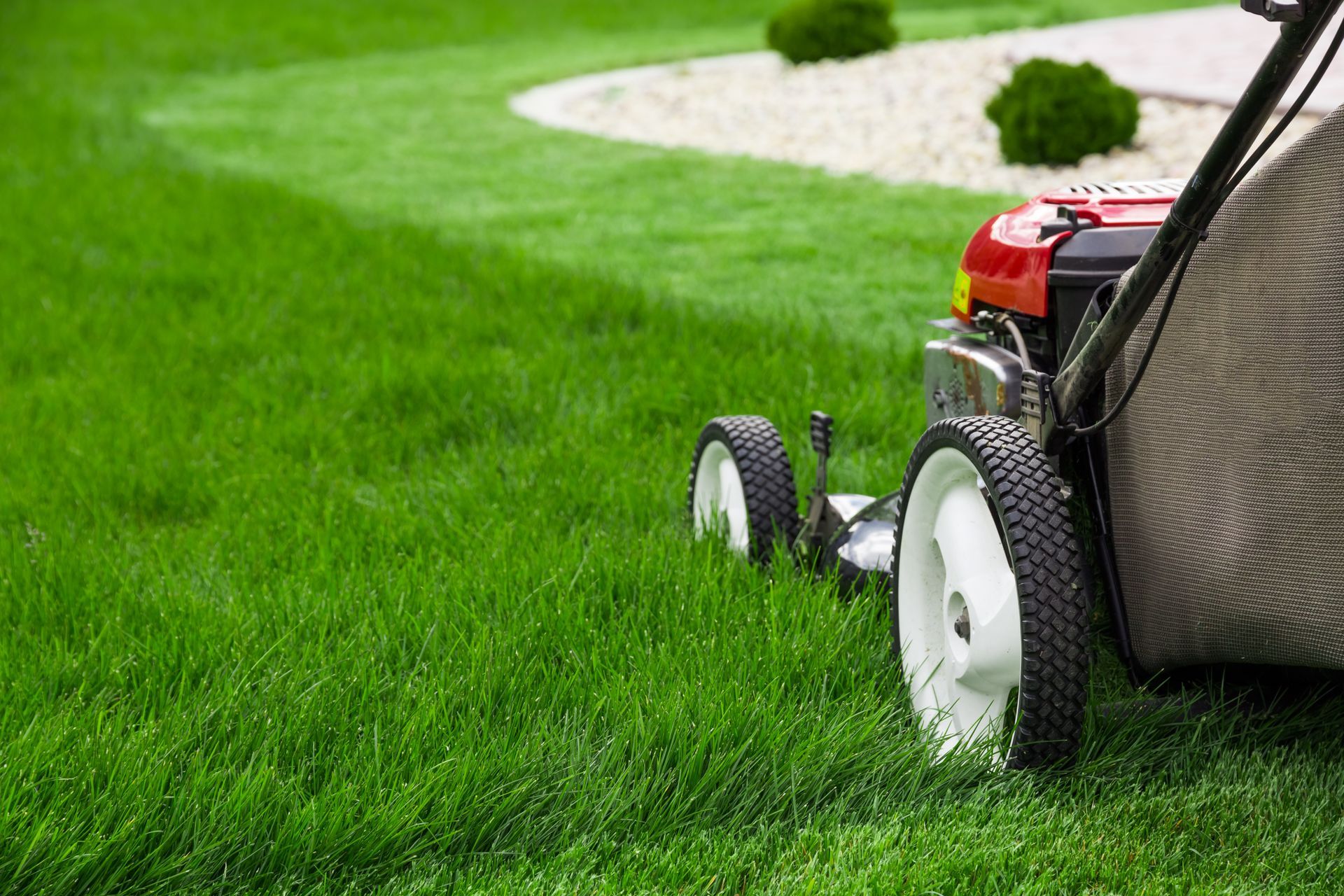 A red lawnmower cutting grass in a lush yard with a landscaped garden border in the background.