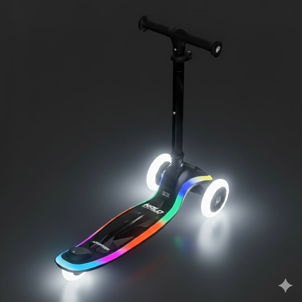Kids scooter with LED wheels glowing in low light — showcasing LIFERYDER safety and style.