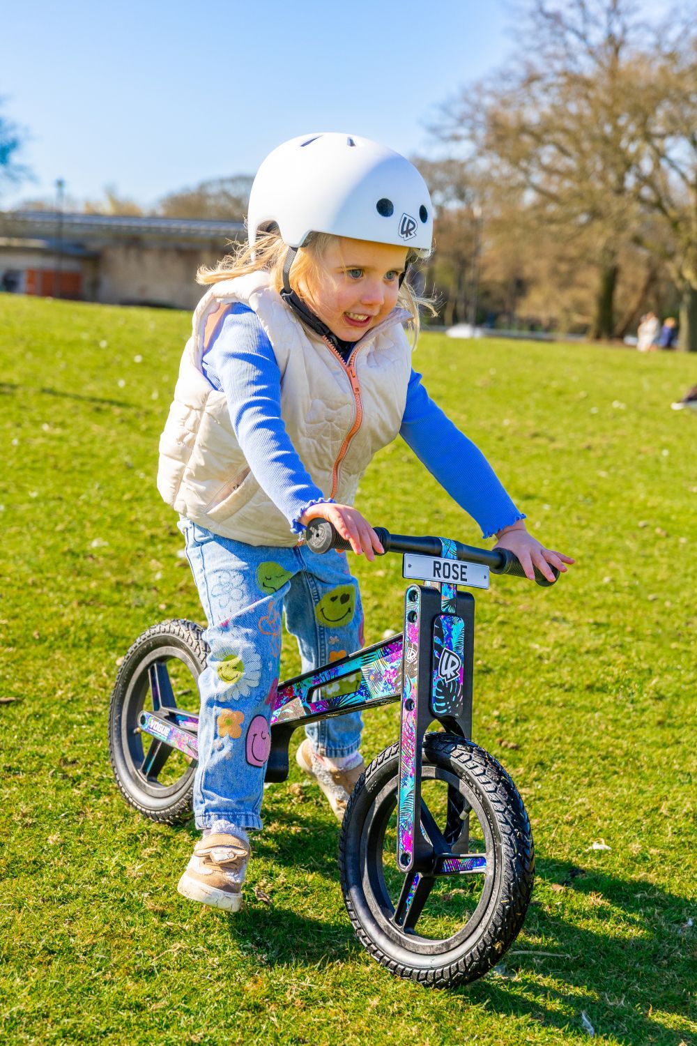 Toddler riding a LIFERYDER VOGUE balance bike with air tyres — smooth, comfortable and safe.