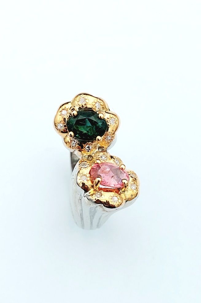 anello oro e argento tormalina verde e rosa 01