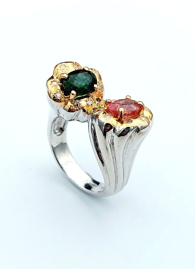 anello oro e argento tormalina verde e rosa 02