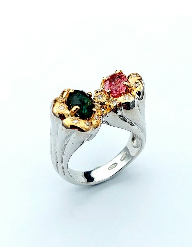 anello oro e argento tormalina verde e rosa 03