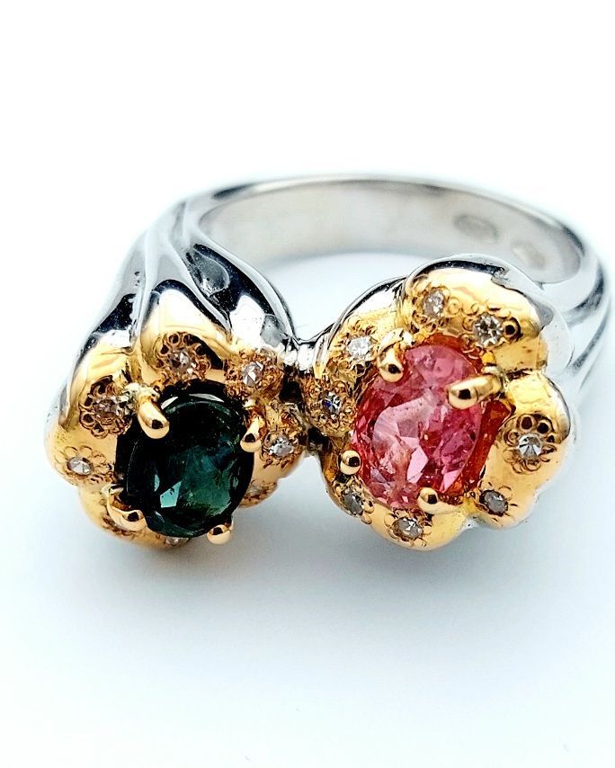 anello oro e argento tormalina verde e rosa 04