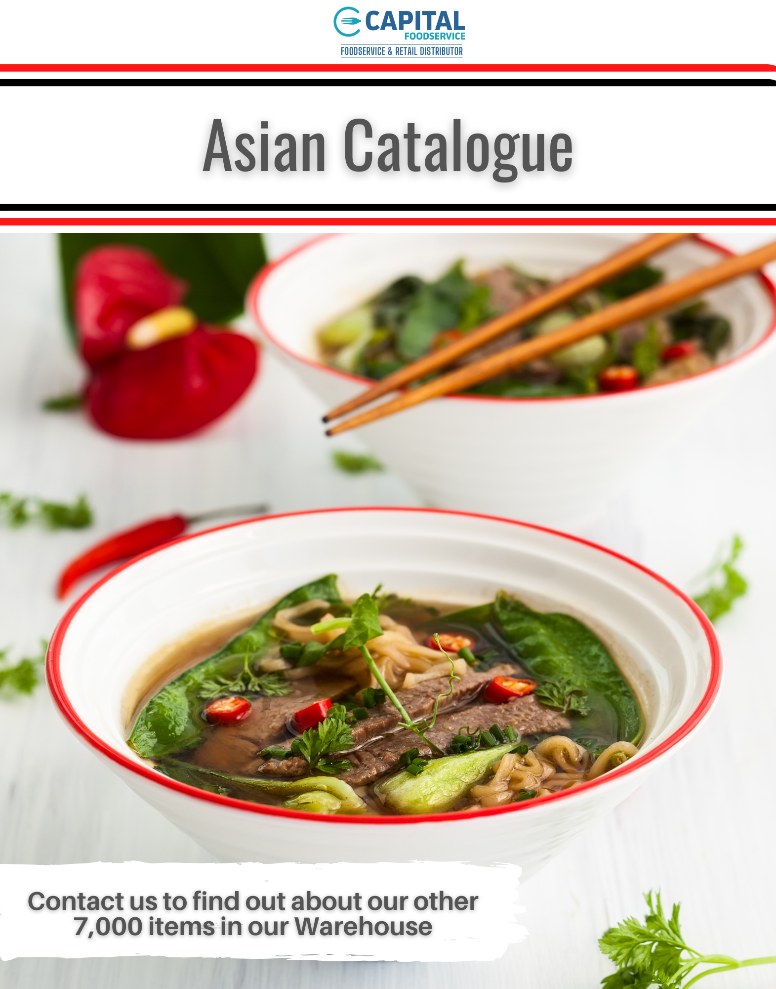 An asian catalogue with a bowl of soup and chopsticks