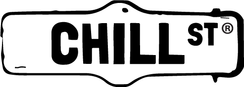 A black and white sign that says chill st on it