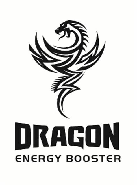 A black and white logo for dragon energy booster with a dragon on it.