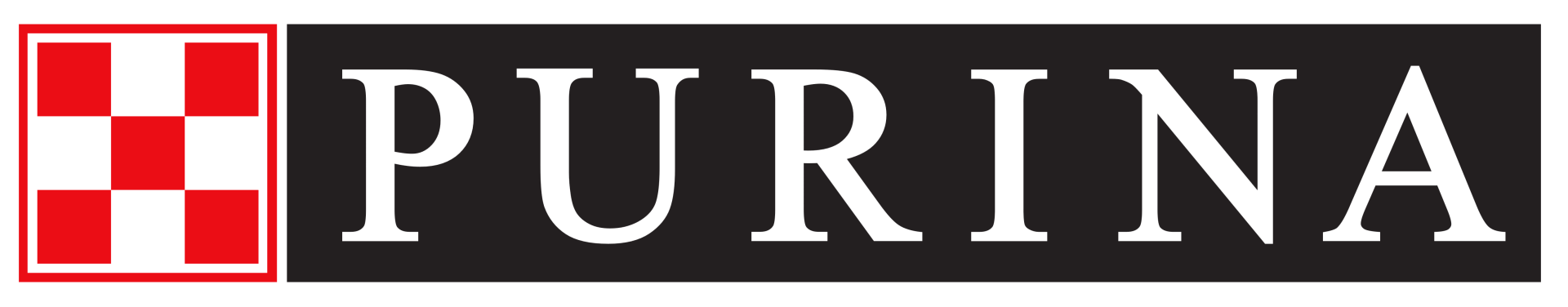 A black and red logo for purina with a checkered pattern