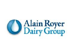 The logo for alain royer dairy group has a drop of water in the middle.