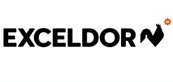 A black and white logo for exceldorn with a chicken on it