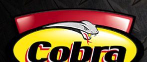 A close up of a cobra logo on a black background.
