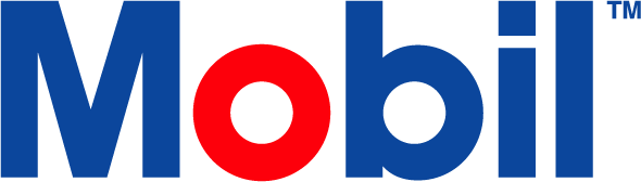 A blue and red mobil logo on a white background