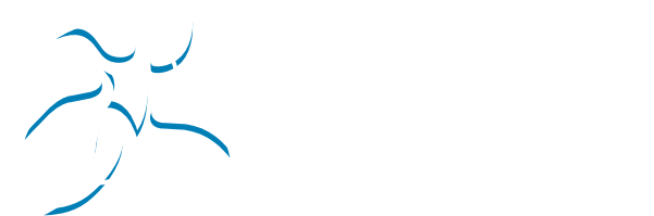 A logo for restore motion with graphic of a person and circle in white and blue outline