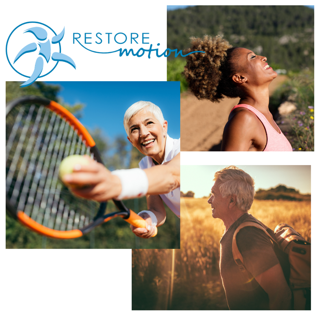 picture collage of active man and women with restore motion logo in blue