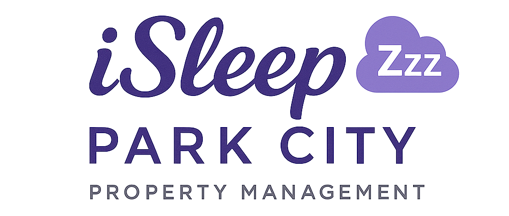 Logo for iSleep Park City property management; blue text and cloud icon with 