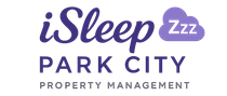 Logo for iSleep Park City property management; blue text and cloud icon with 
