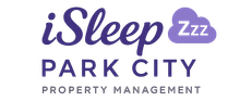 Logo for iSleep Park City property management; blue text and cloud icon with 