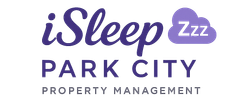 Logo for iSleep Park City property management; blue text and cloud icon with 