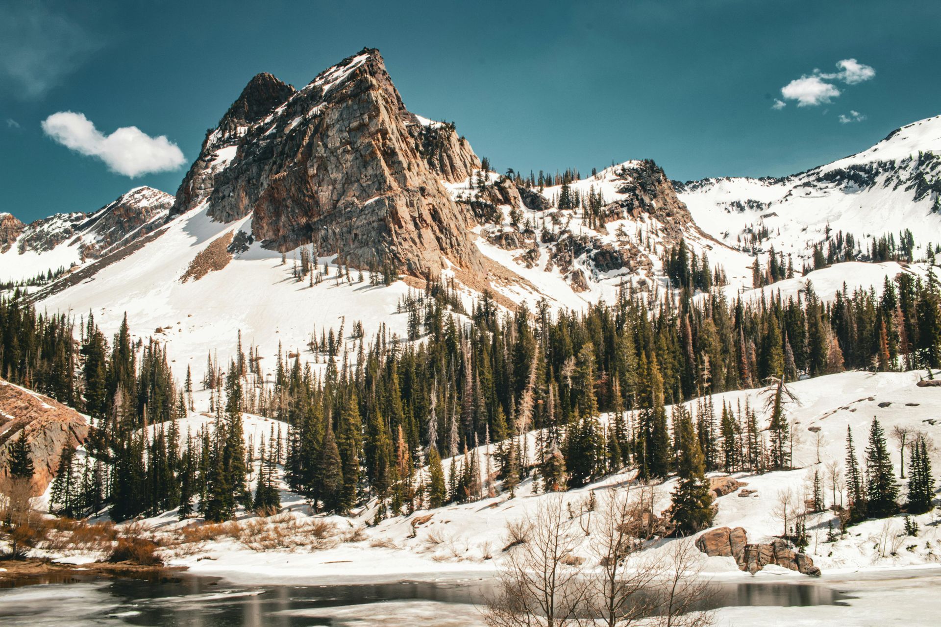 Snowy mountain peak overlooking a frozen lake and evergreen forest under a blue sky.