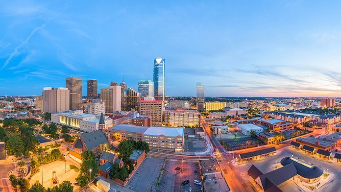 An aerial view of the city of oklahoma at night.