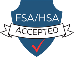 A blue shield with a red check mark on it that says fsa / hsa accepted.