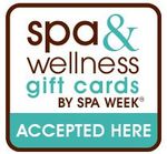 Spa and Wellness gift cards accepted here. Logo with brown, teal and white text.