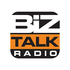 The logo for biz talk radio is orange and black.