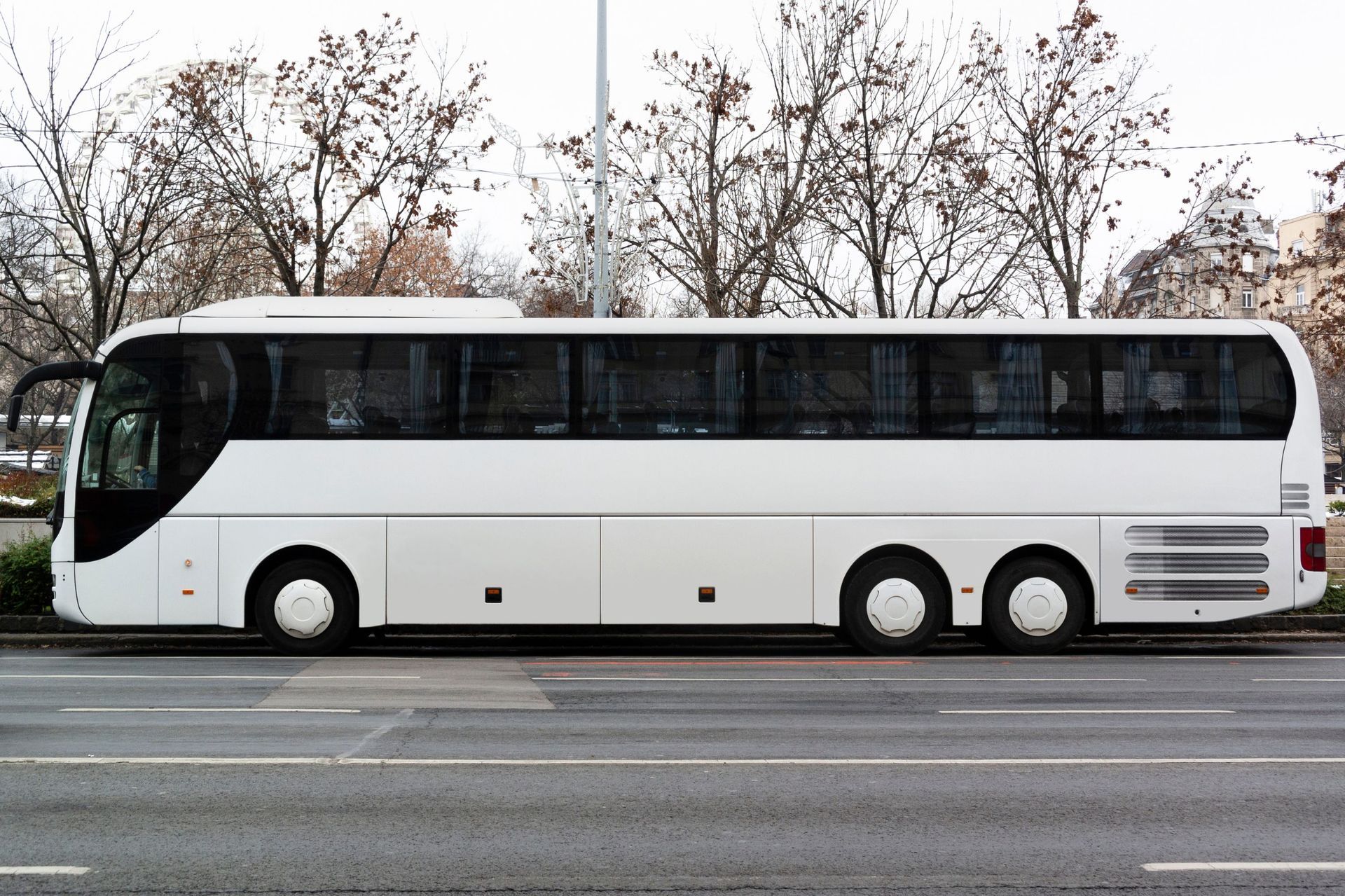 Een witte bus staat geparkeerd aan de kant van de weg.