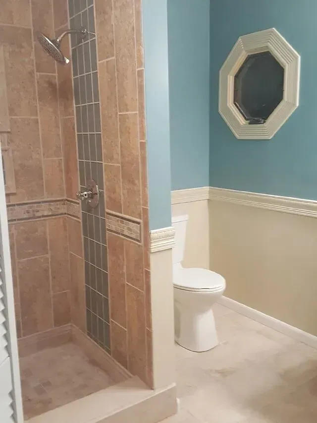 Bathroom with tiled shower and toilet against light blue and cream walls.