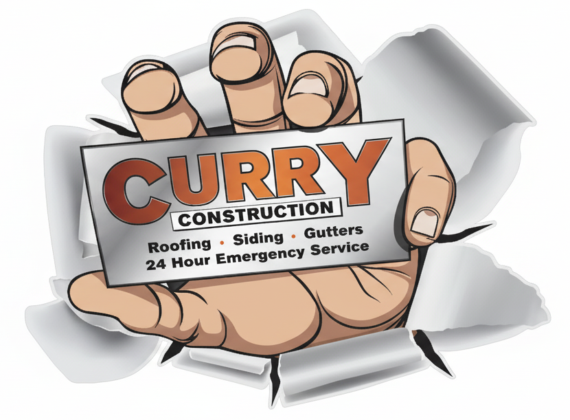 Hand tearing through paper, holding Curry Construction business card: roofing, siding, gutters, 24-hour emergency service.