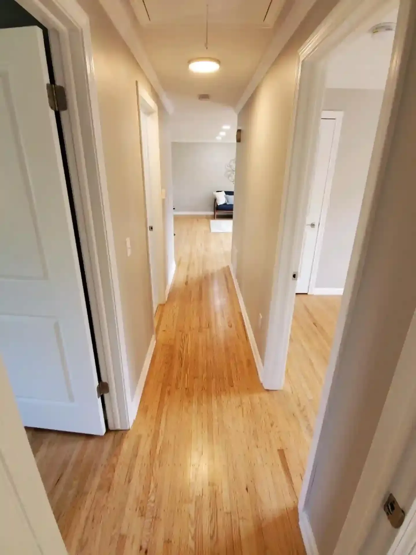 Hallway with wood floors, light gray walls, white doors, and a round ceiling light.