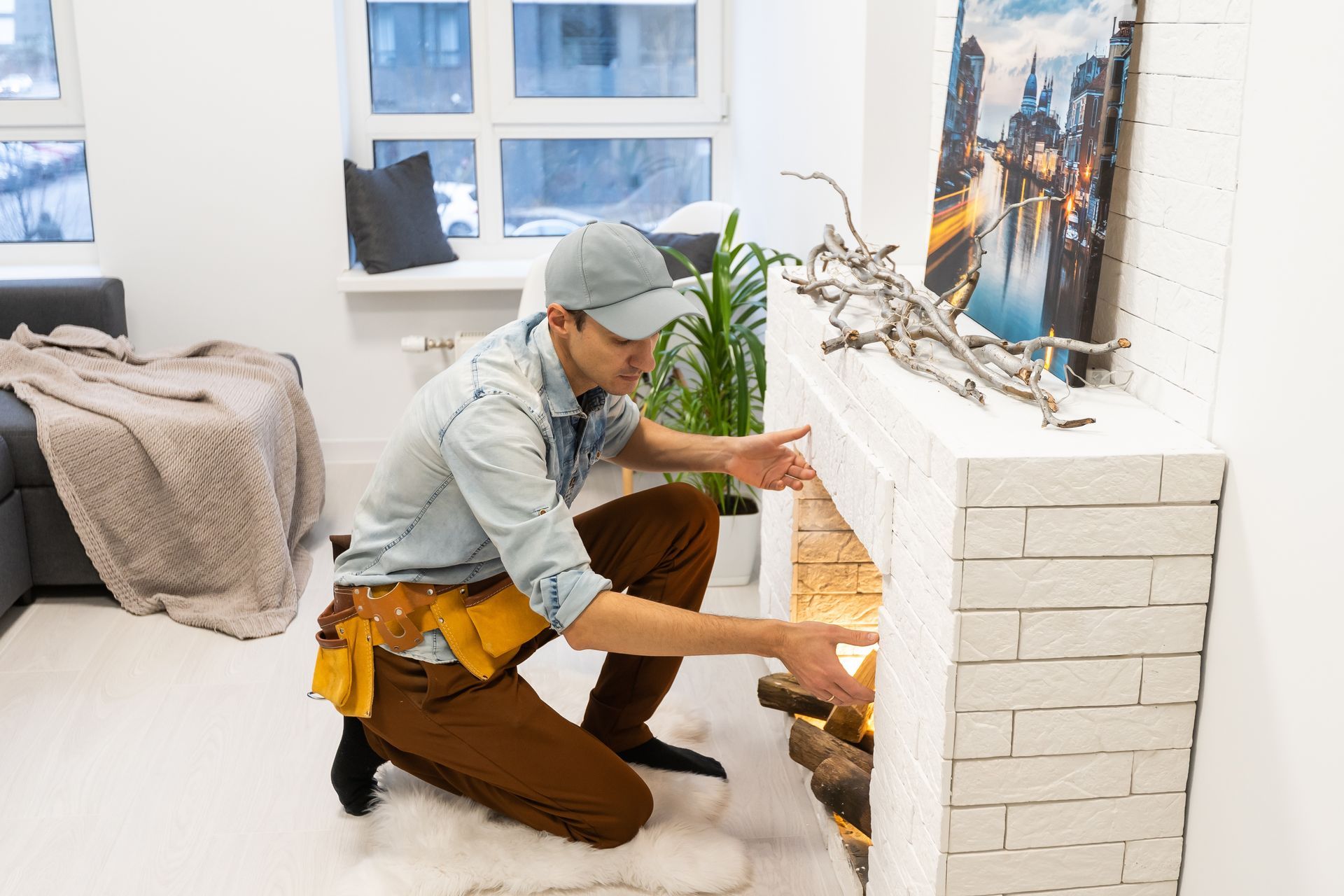 Service technician repairing a fireplace in a home.