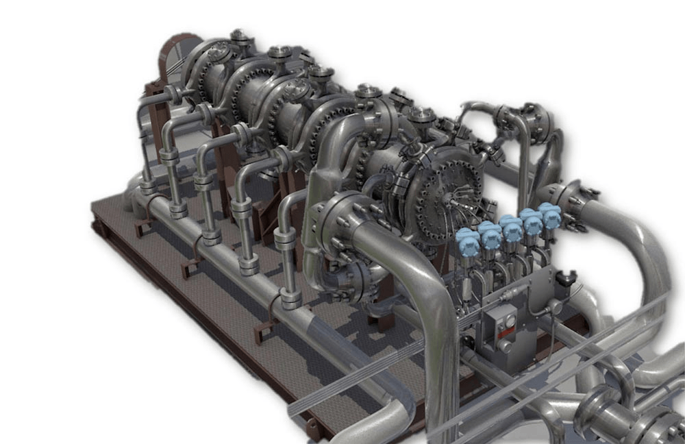 A machine with a lot of pipes attached to it on a white background.