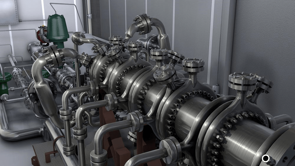 A bunch of metal pipes are connected to each other in a room.