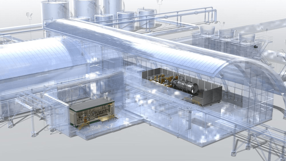A 3d model of a factory with a train in the middle of it.