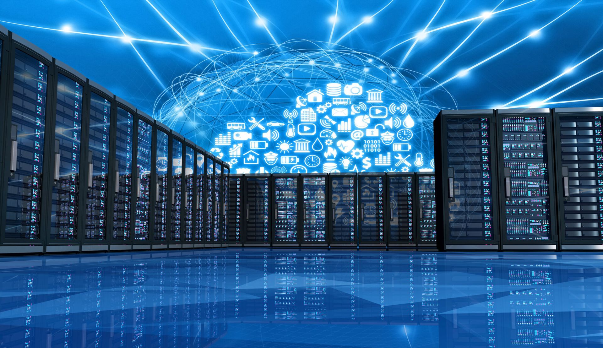 A row of servers in a data center with a globe in the background.