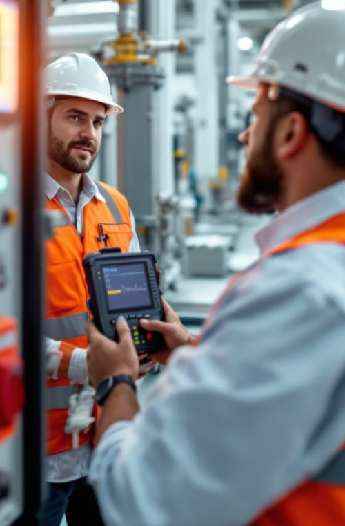 Two men are standing in a factory looking at a tablet.