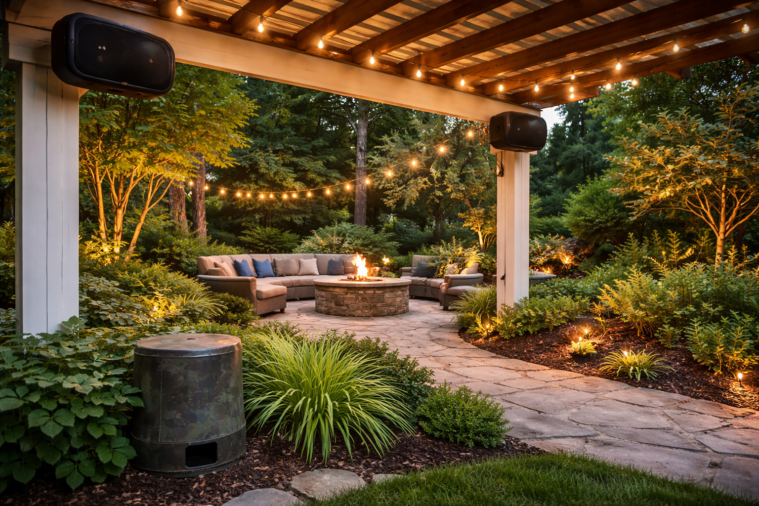 Outdoor seating area with fire pit, under a pergola, lit by string lights and landscaping lights.