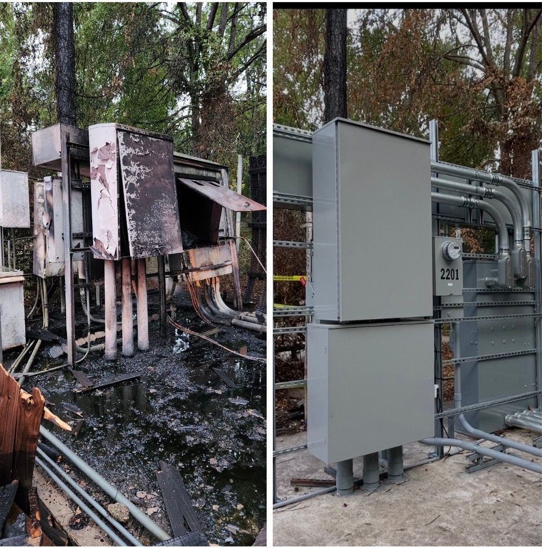 Before and after photos: charred electrical equipment versus new, gray equipment with conduit in a wooded area.