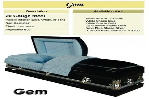 Black steel casket with blue interior, product description and color options.