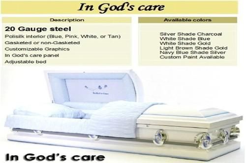 Casket with open lid, white interior, and product details: steel gauge, interior colors, and paint options.