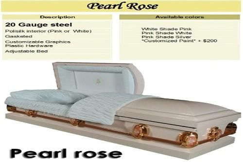 Pearl Rose casket: Pink interior, and various pink and silver color options.