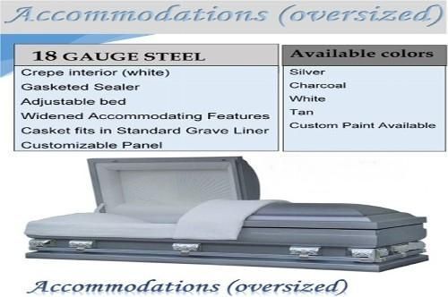 Oversized steel casket with features list and color options; silver casket displayed.